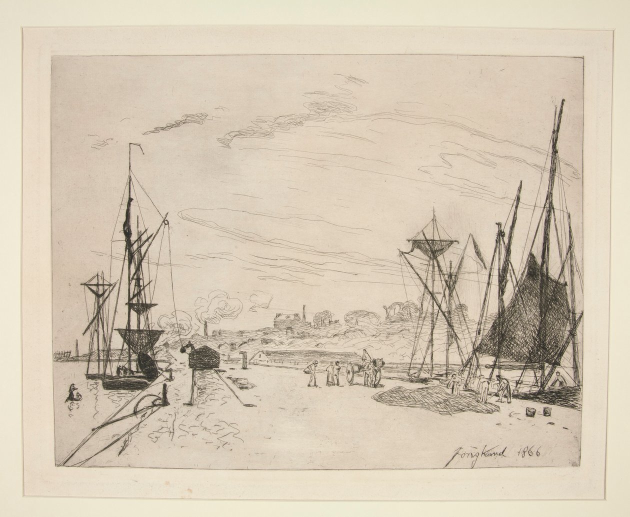 Utsikt fra havnen til jernbanen? Honfleur (Utsikt over havnen fra jernbanen ved Honfleur) av Johan Barthold Jongkind