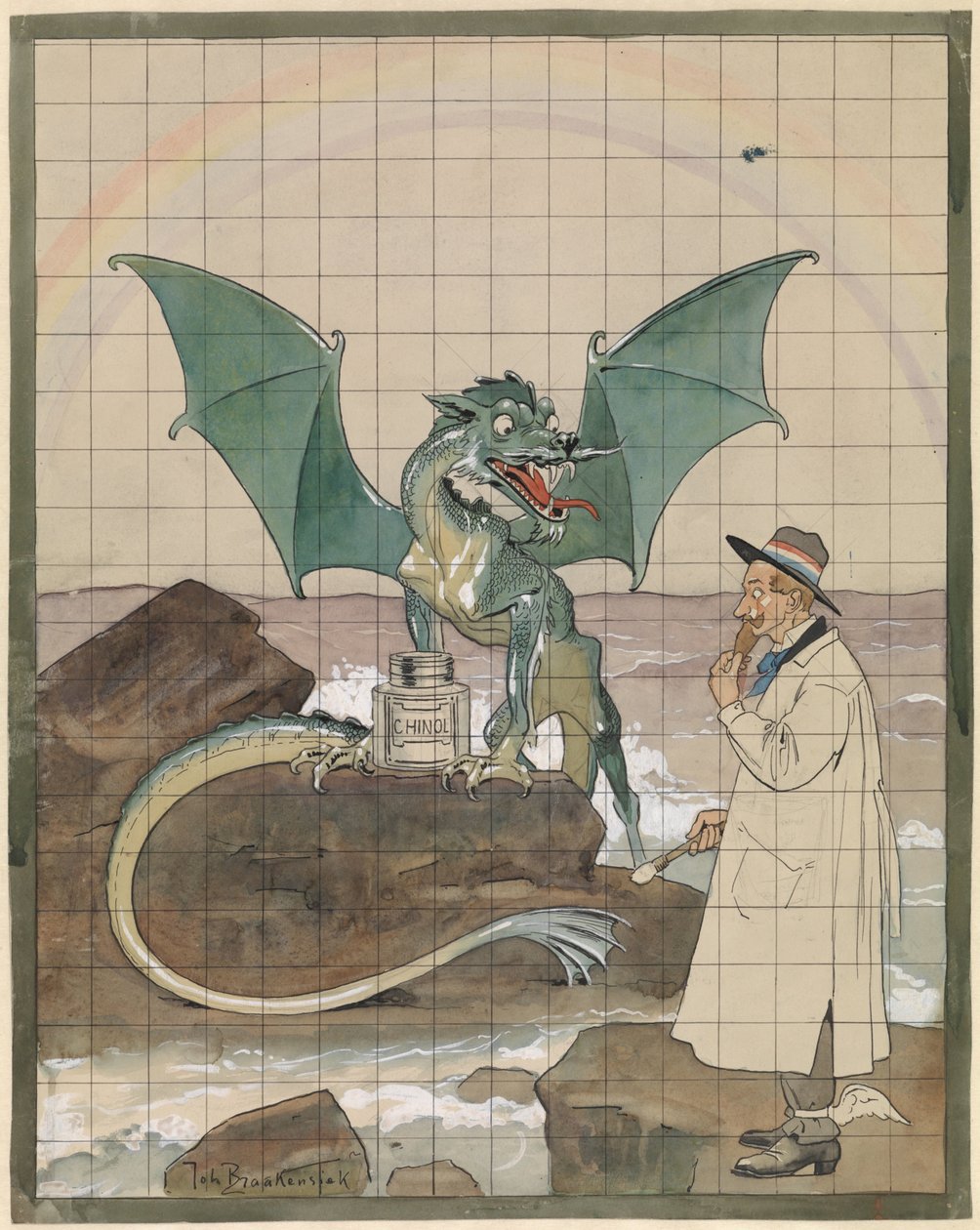 Kunstner med drage ved en gryte med Chinol av Johan Braakensiek