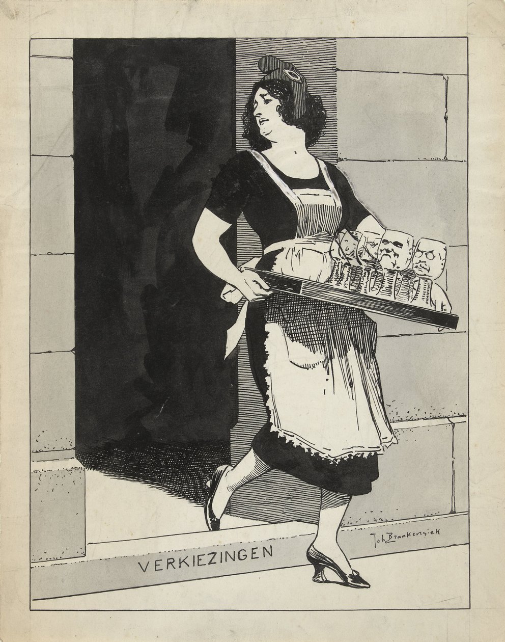 Design for illustrasjon i De Amsterdammer: Den nederlandske jomfru som en hushjelp med et glassbrett snubler over valgtrinnet (17. mai 1924) av Johan Braakensiek