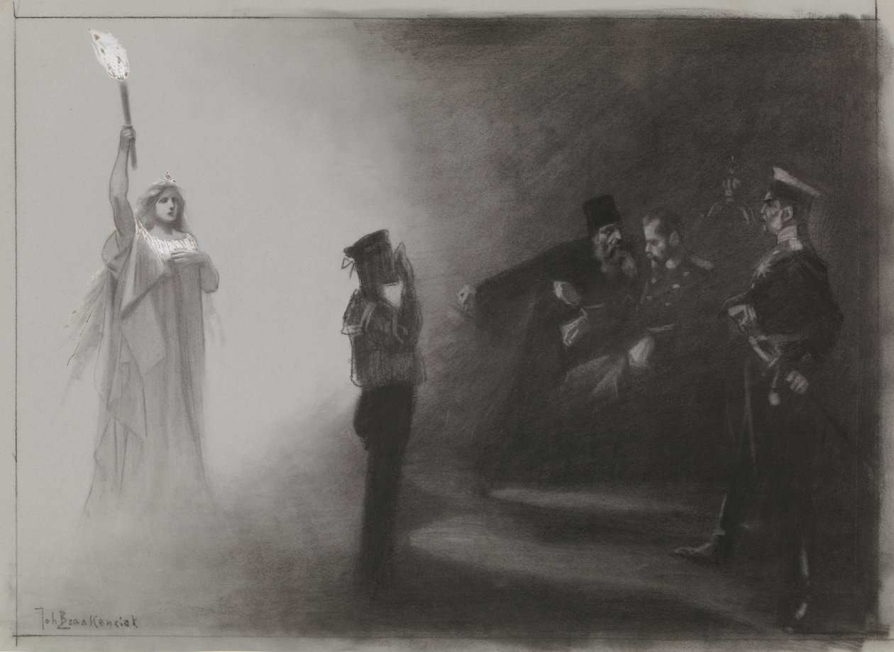 Design for illustrasjon i De Amsterdammer: Russlands nederlag til sjøs, 4. juni 1905 av Johan Braakensiek