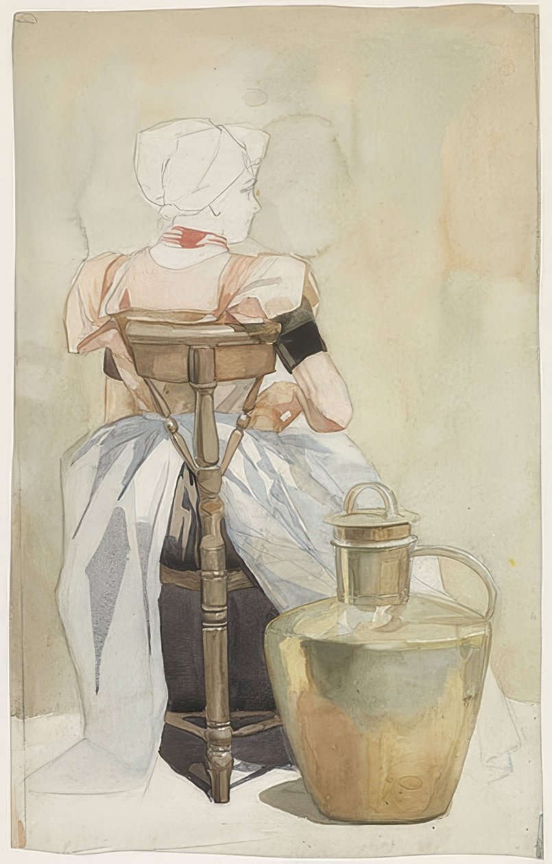 Sitzendes Mädchen i Tracht, Rückenansicht (Sittende jente i tradisjonell drakt, sett fra baksiden) av Johan Braakensiek