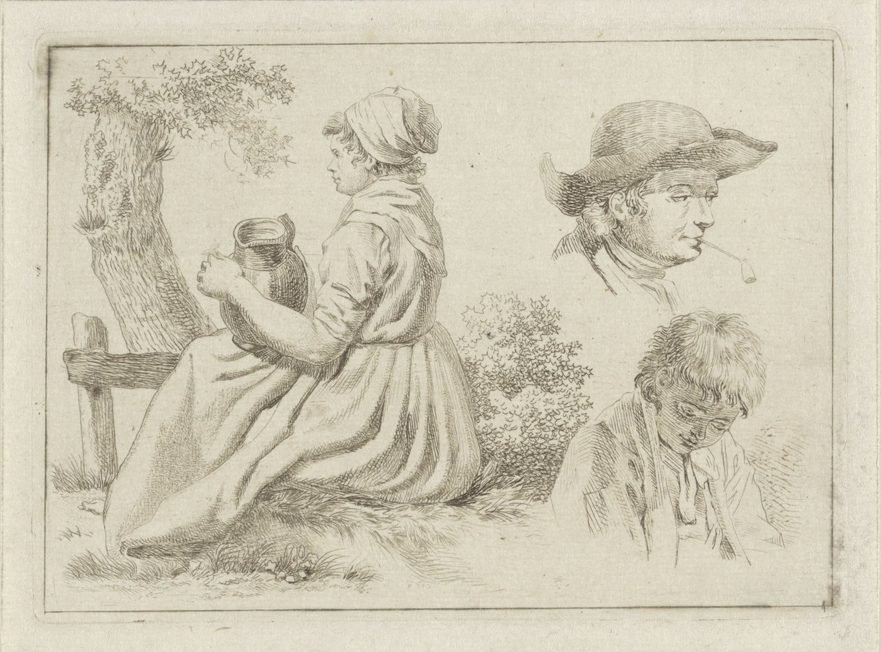 Sittende kvinne med en mugge, portrett av en mann med pipe og en gutt av Johan Christiaan Willem Safft