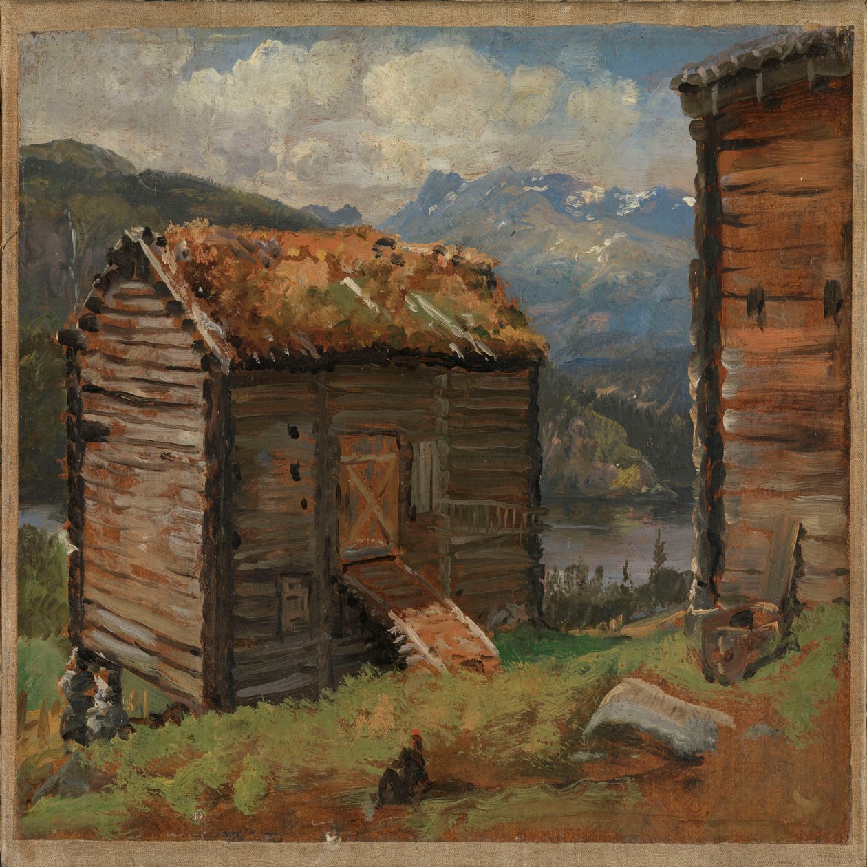 Gårdsbygninger ved Hjelle i Valdres av Johan Christian Dahl