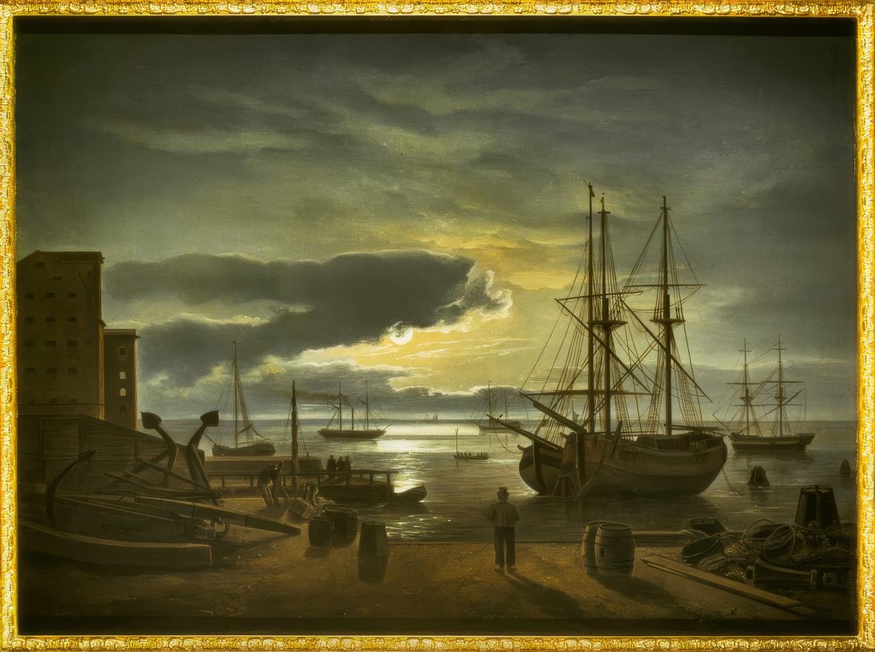 Københavns havn ved måneskinn av Johan Christian Dahl