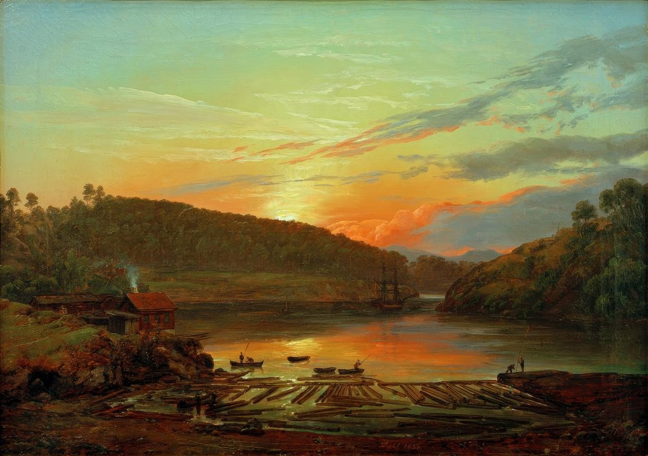 Landskap ved Skien i solnedgangen av Johan Christian Dahl