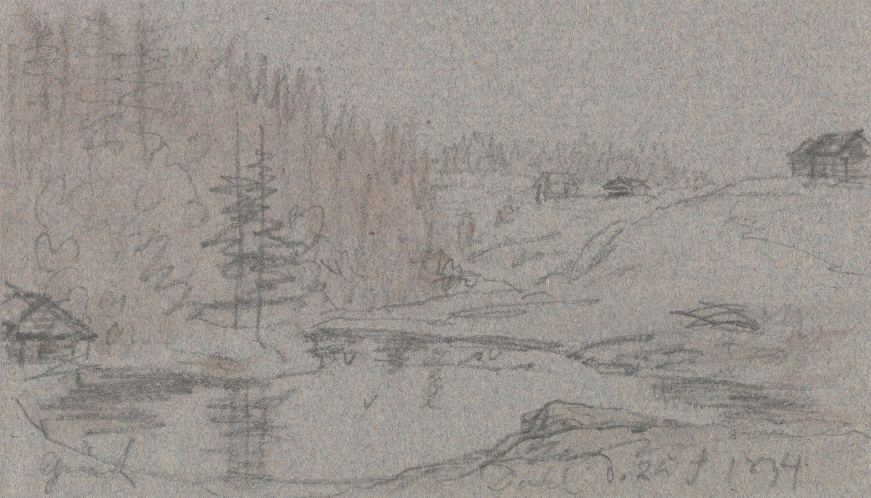 Landskap med elv, hus og skog av Johan Christian Dahl
