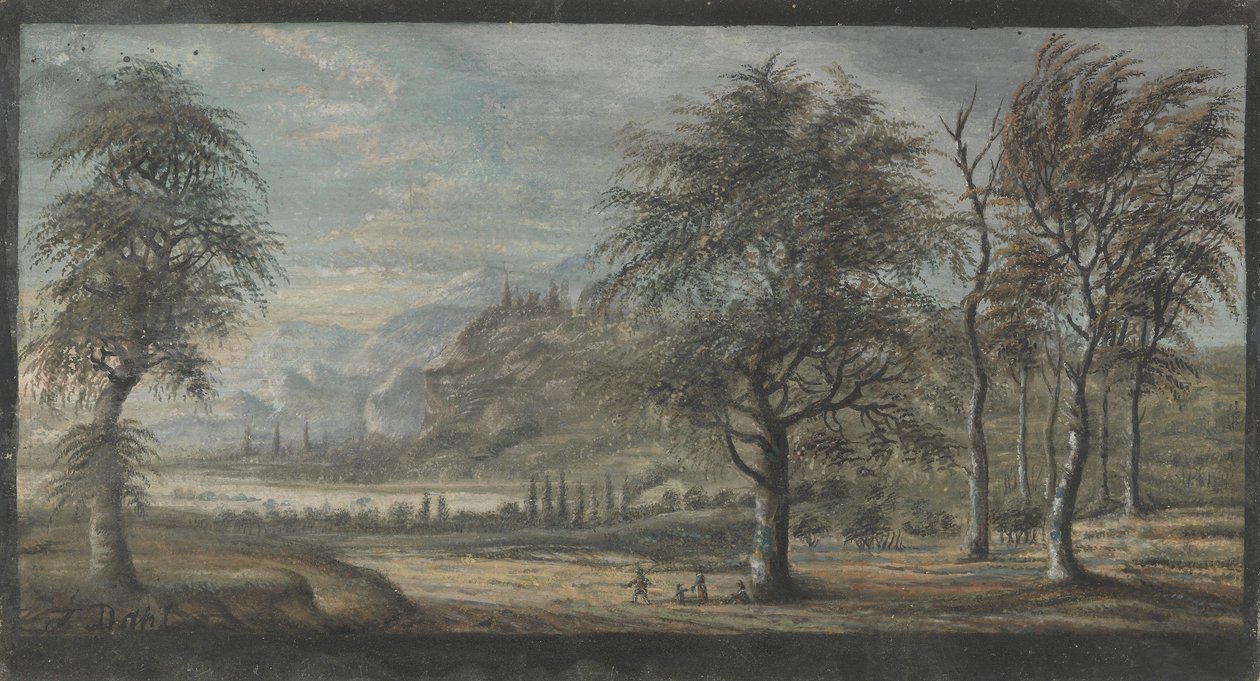 Landskap med løvtrær i forgrunnen av Johan Christian Dahl