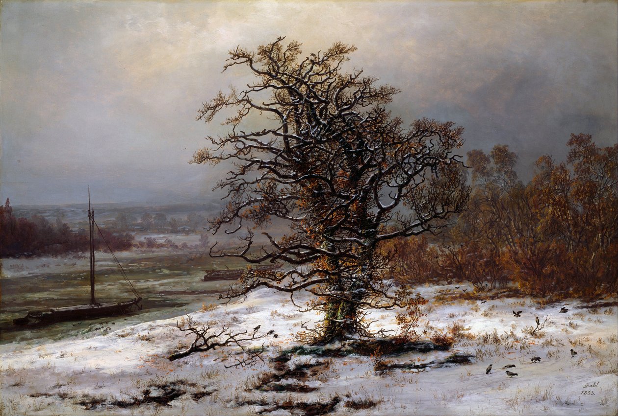 ""Vinterlandskap med eik på bredden av Elben, Tyskland"" Maleri av Johan Christian Clausen Dahl (1788-1857) 1853 Nasjonalmuseet for kunst, Oslo av Johan Christian Dahl