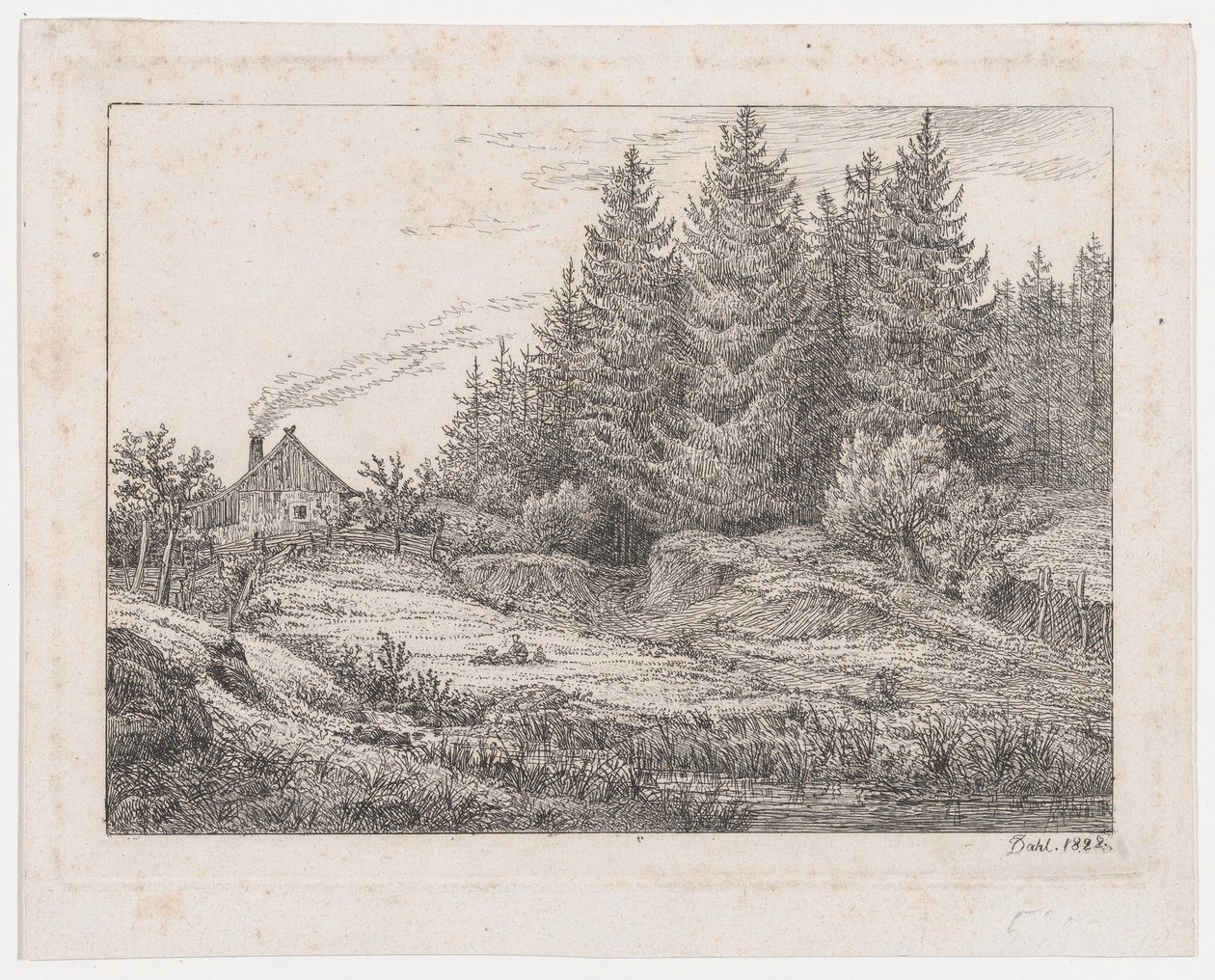 Bondefamilies hytte i utkanten av en skog av Johan Christian Dahl