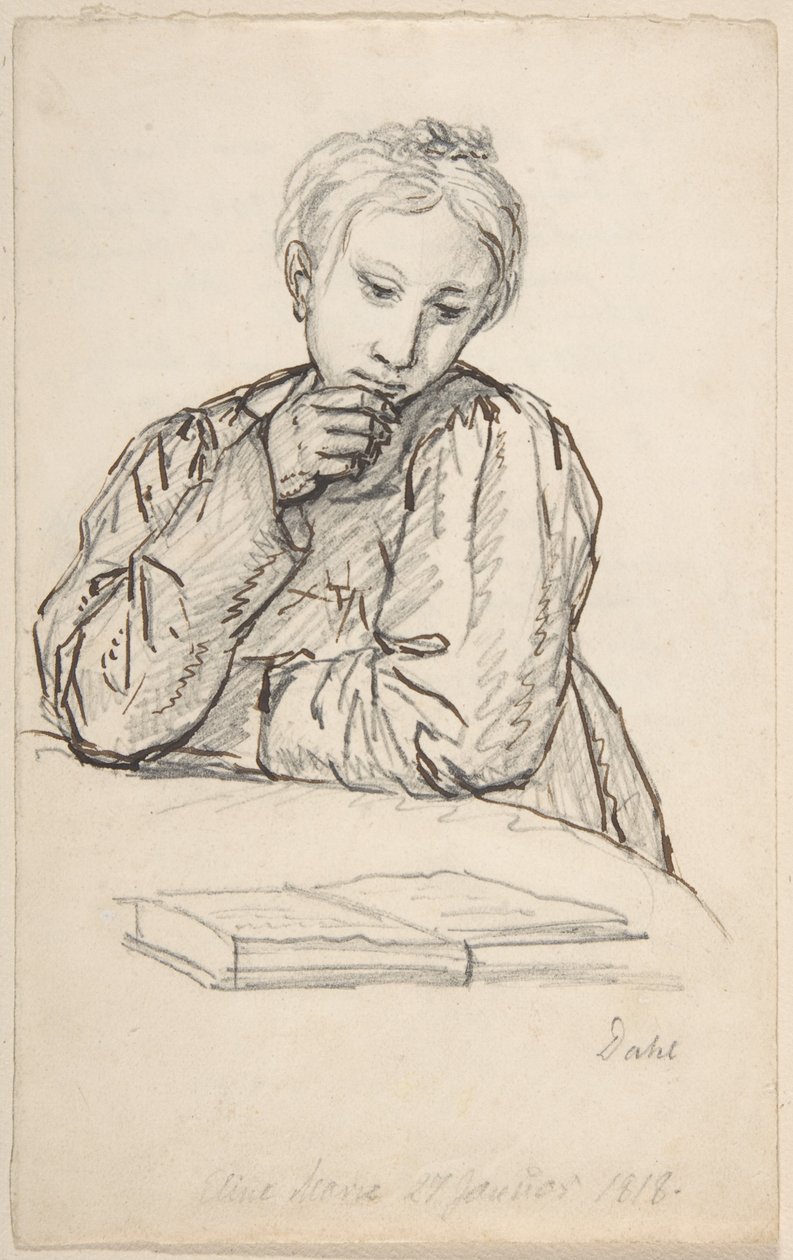 Portrett av Eline Marie Heger som barn, lent mot et bord, mens hun ser på en bok av Johan Christian Dahl
