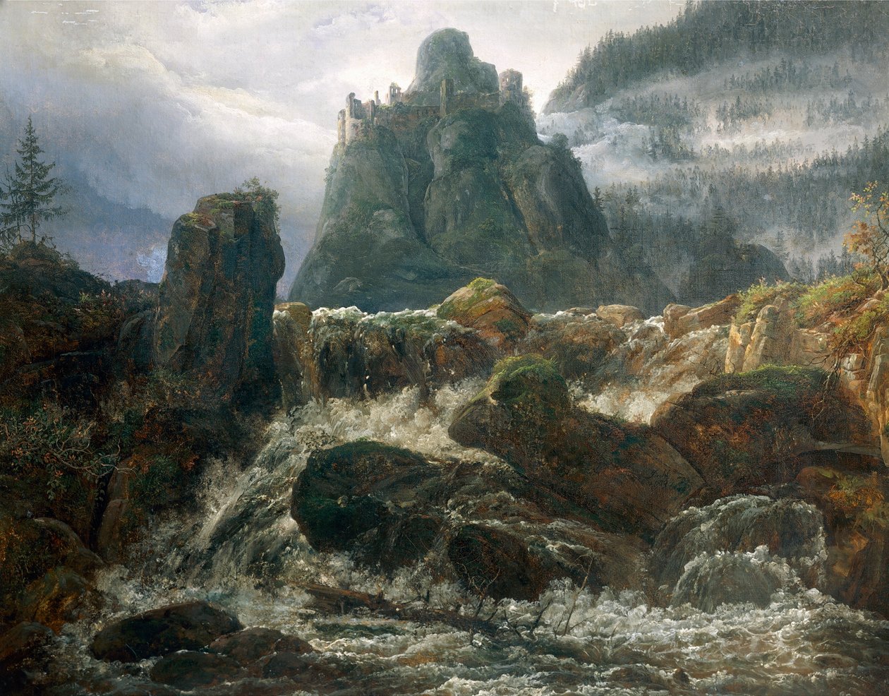 Romantiske ruiner med strøm, malt av Johan Christian Clausen Dahl (1788-1857). av Johan Christian Dahl
