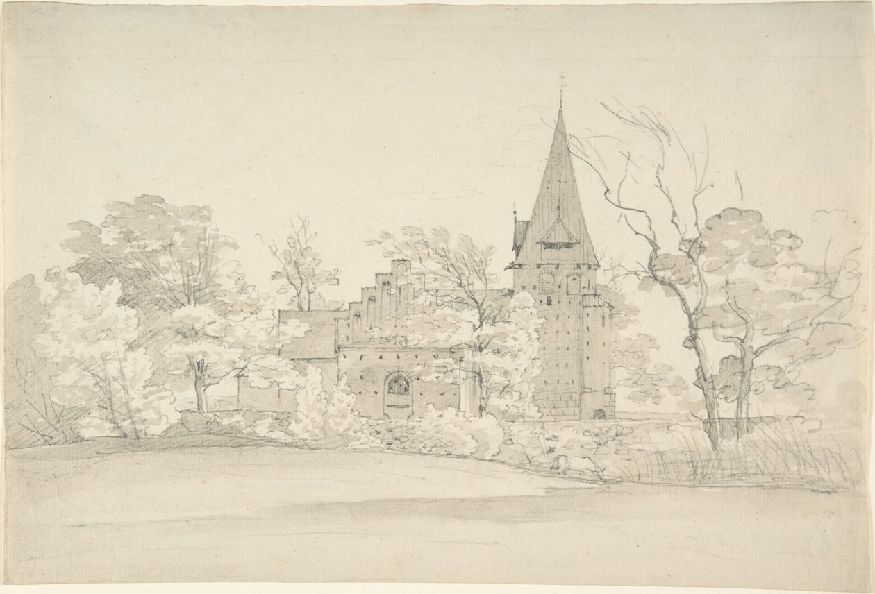 Aller kirke i Sønderjyllands Amt (Danmark), sett fra nord av Johan Christian Dahl