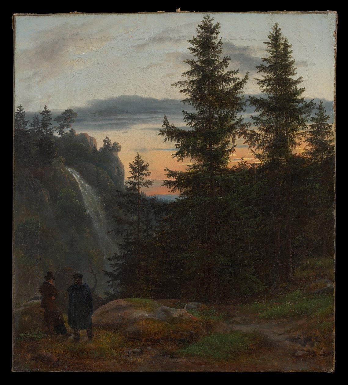 To menn foran en foss ved solnedgang av Johan Christian Dahl