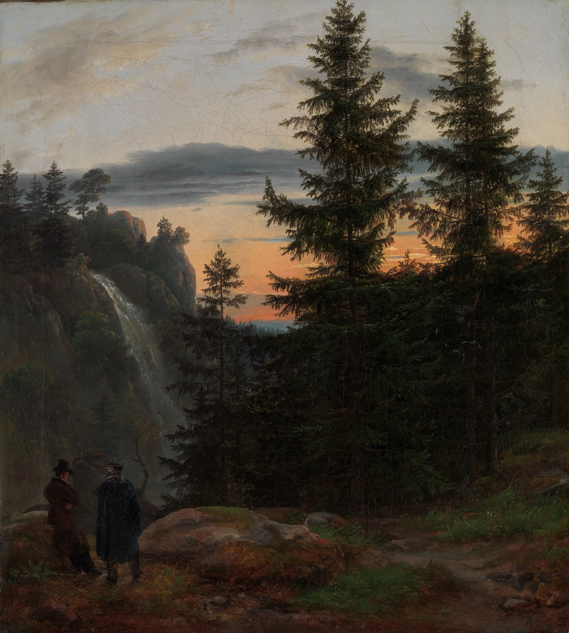 To menn før et fossefall ved solnedgang, 1823. av Johan Christian Dahl
