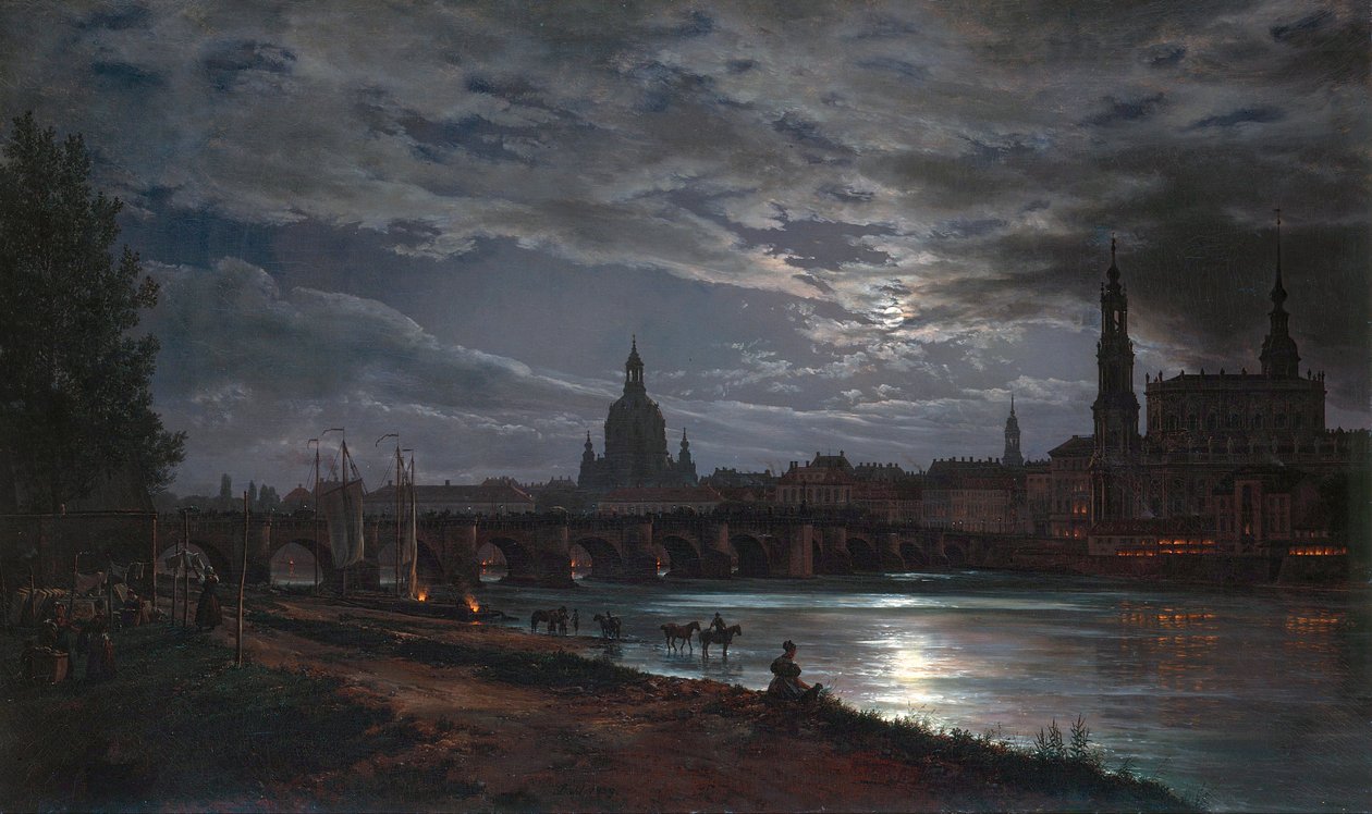 "" Vue de Dresde au clair de lune "" (Utsikt over Dresden ved måneskinn) Peinture de Johan Christian Clausen Dahl (1788-1857) 1839 - Olje på lerret Dim 78x130 cm Dresden State Art Collections Dresde av Johan Christian Dahl