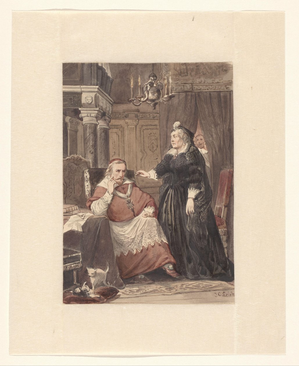 To personer i et interiør, muligens Maria de Medici og kardinal de Richelieu av Johan Coenraad Leich (signed by artist)