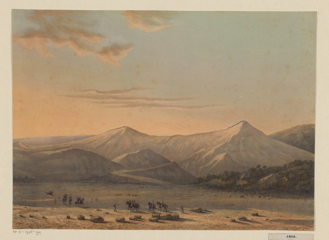 Utsikt over Bromo-vulkanen Det ildpustende fjellet Bromo i 1856 (Probolingo-residensen) (tittel på objektet) av Johan Conrad Greive