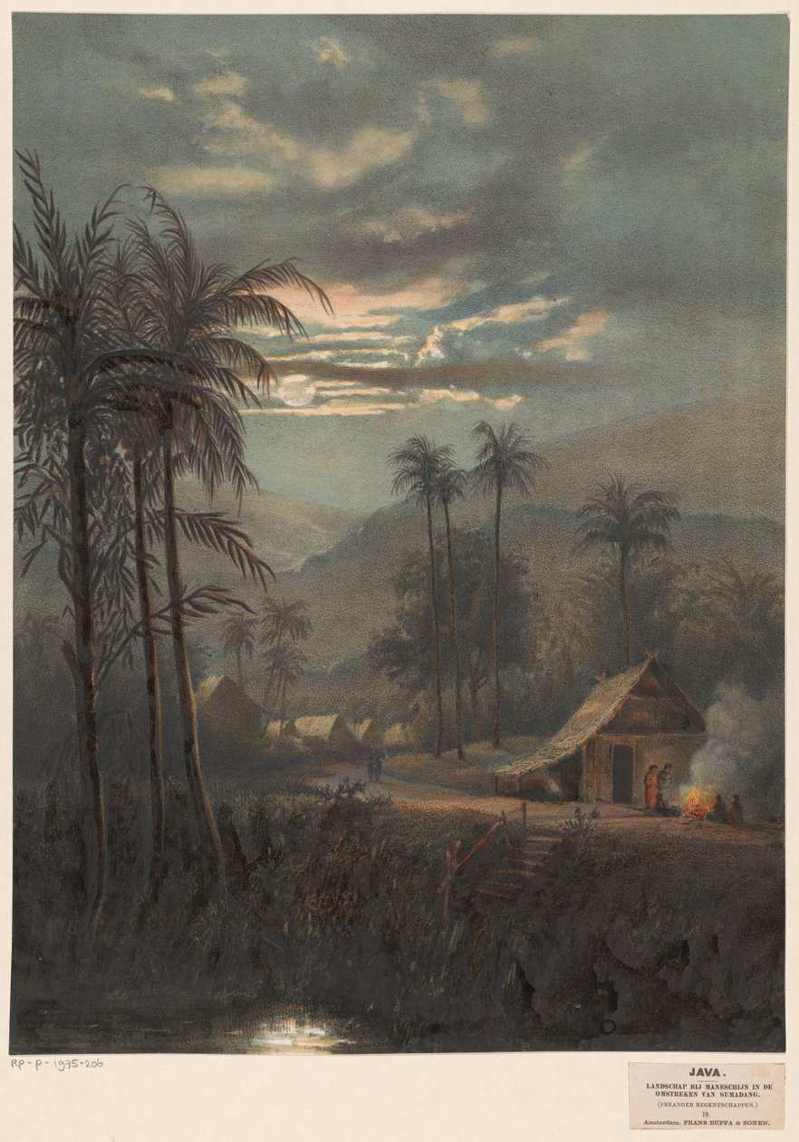 Landskap ved måneskinn nær Sumedang Landskap ved måneskinn i omgivelsene til Sumadang (preanger regencies.) (tittel på objekt) av Johan Conrad Greive