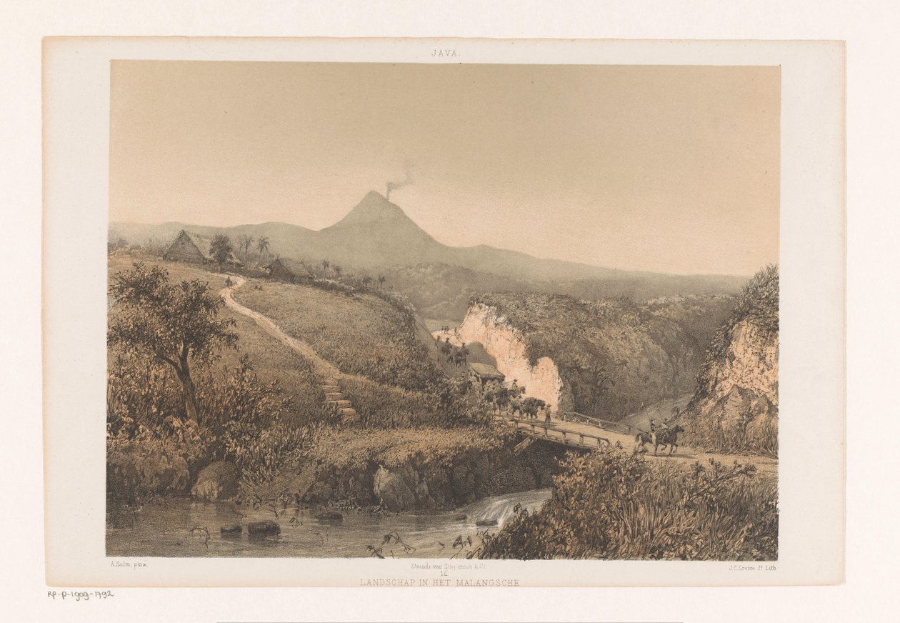 Landskap nær Malang Landskap i Malangsche; Residence Pasoeroean Landscape in Malangsche (tittel på objekt) Java etter malerier og tegninger av A. Salm (serietittel) av Johan Conrad Greive