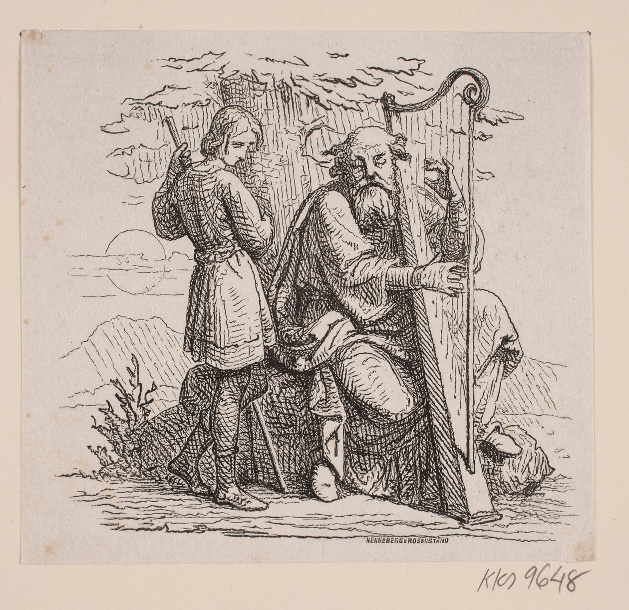 En gammel harpist og en gutt under et tre av Johan Frederik Rosenstand