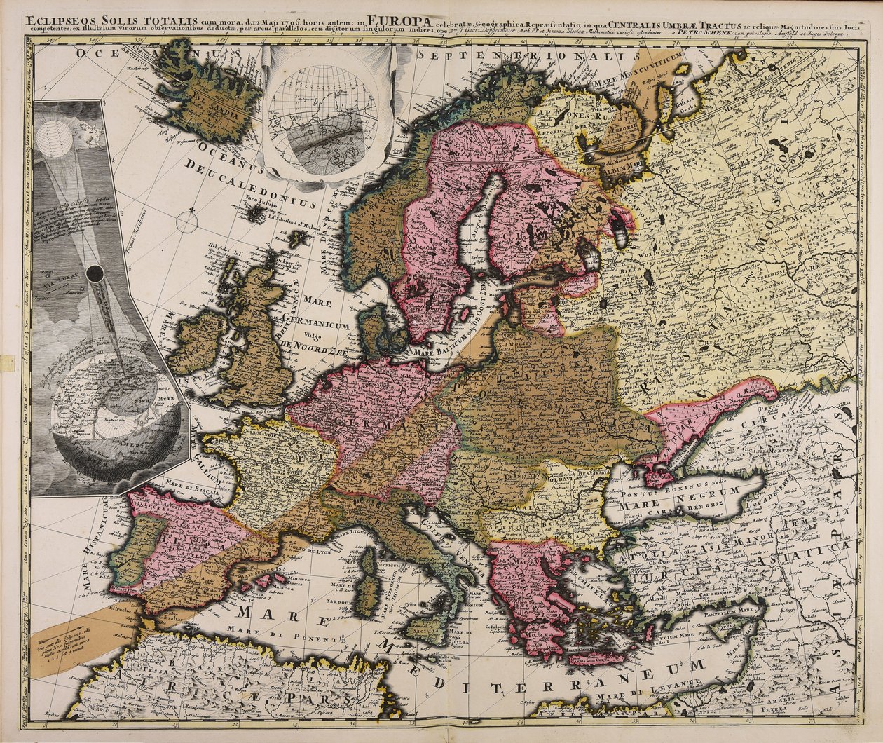 Totale solformørkelser med forsinkelse d. 12. mai 1706 Et kart over Europa, der det sentrale skyggerommet og de resterende størrelsene var egnet for sine respektive lokasjoner, ble lansert fra observasjonene av berømte menn ved hjelp av en parallellbue. av Johan Gabriel Doppelmayr
