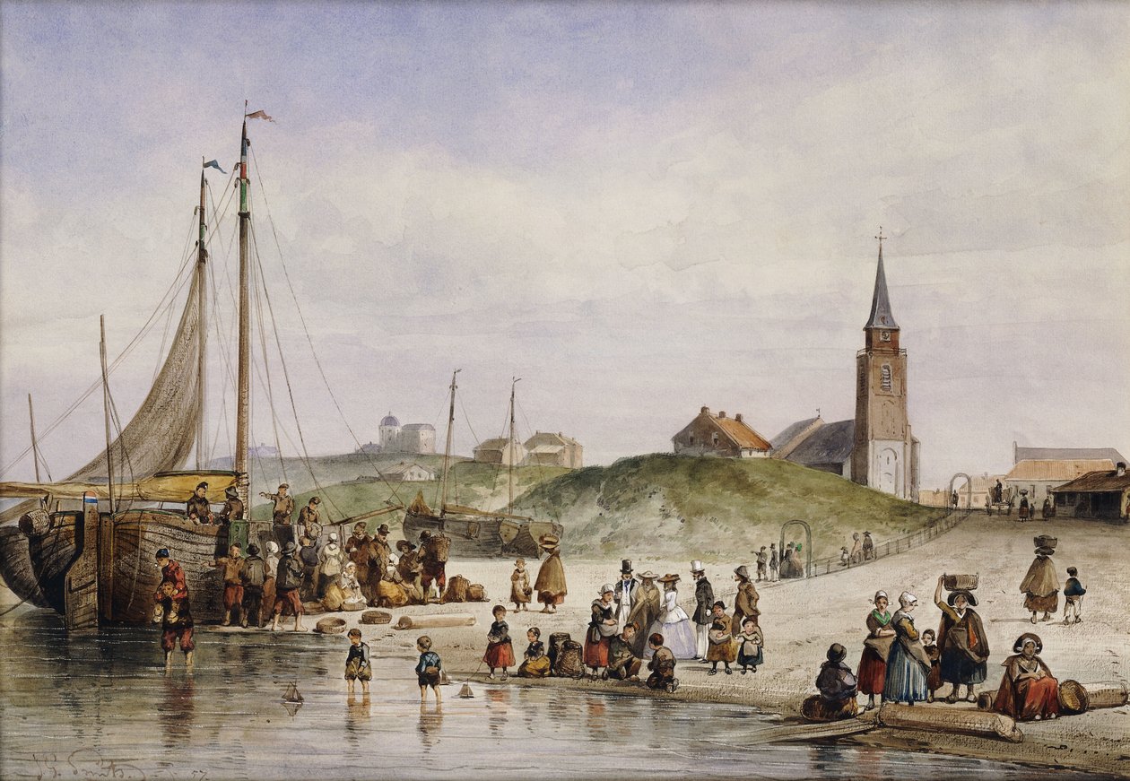 Fisherfolk on a Beach with a Town Beyond, 1857 av Johan Gerard Smits
