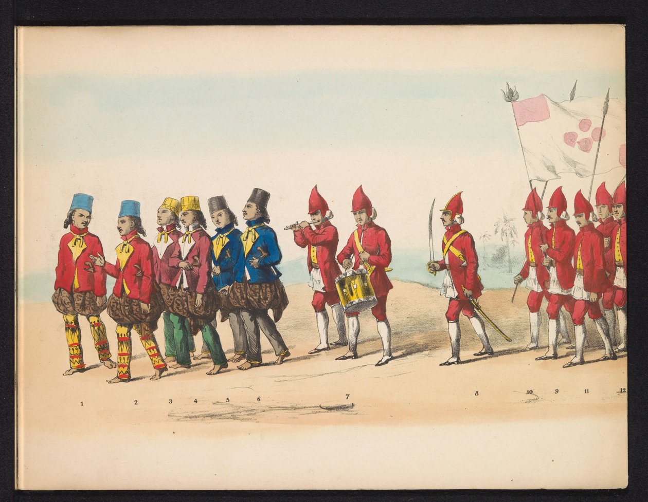 Masquerade of the Delft Students, 1857 (plate 1) Utkledd prosesjon holdt av medlemmene av Delft studentkorps den 5. mai 1857, som viser Garebeg-prosesjonen til sultanen av Djokjokarta og de mest karakteristiske typene fra Nederland. av Johan Hendrik Hoffmeister