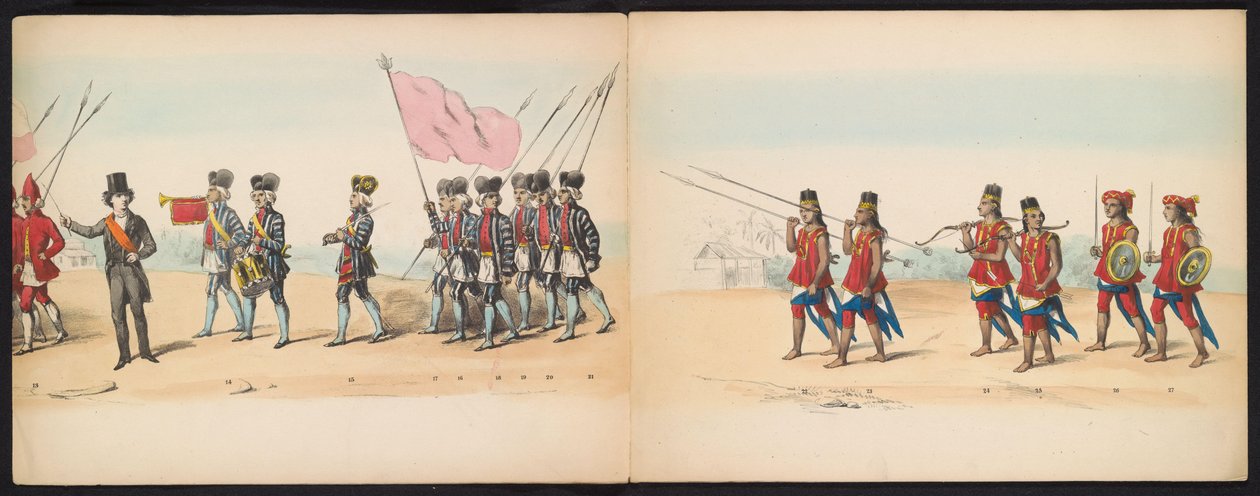 Maskerade av Delft-studentene, 1857 (plate 2) Kostymert prosesjon holdt av medlemmene av Delft studentkorps 5. mai 1857, som viser Garebeg-prosesjonen til sultanen av Djokjokarta og de mest karakteristiske typene fra N. av Johan Hendrik Hoffmeister