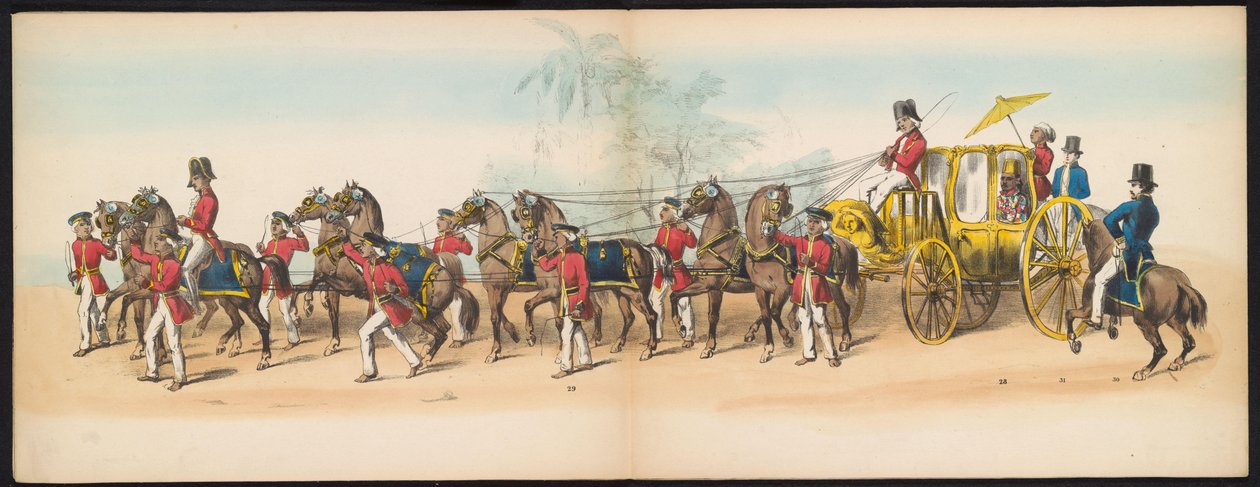 Masquerade of the Delft Students, 1857 (plate 3) Utkledd prosesjon holdt av medlemmene av Delft studentkorps den 5. mai 1857, som viser Garebeg-prosesjonen til sultanen av Djokjokarta og de mest karakteristiske typene fra Nederland. av Johan Hendrik Hoffmeister