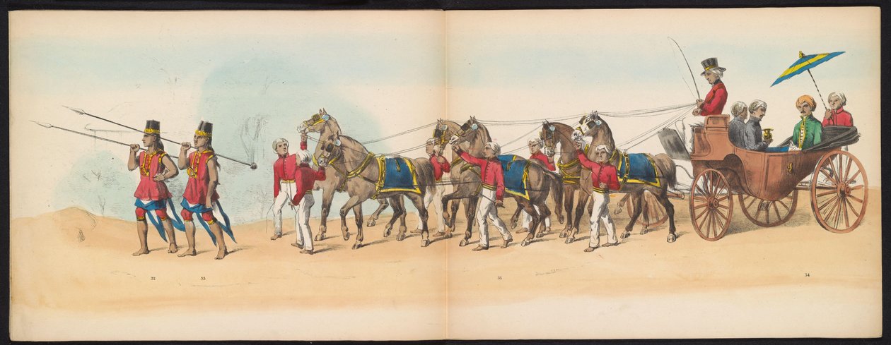 Masquerade of the Delft Students, 1857 (plate 4) Utkledd prosesjon holdt av medlemmene av Delft studentkorps den 5. mai 1857, som viser Garebeg-prosesjonen til sultanen av Djokjokarta og de mest karakteristiske typene fra Nederland. av Johan Hendrik Hoffmeister