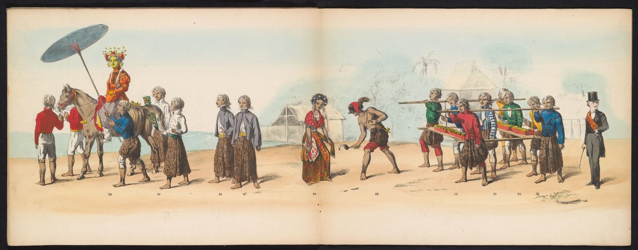Masquerade of the Delft Students, 1857 (plate 6) Utkledd prosesjon holdt av medlemmene av Delft studentkorps den 5. mai 1857, som viser Garebeg-prosesjonen til sultanen av Djokjokarta og de mest karakteristiske typene fra Nederland. av Johan Hendrik Hoffmeister