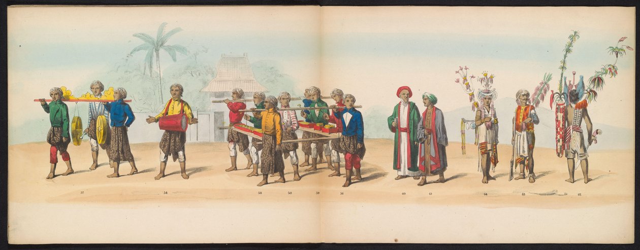 Mascarada studenților din Delft, 1857 (planșa 7) Procesiune costumată susținută de membrii corpului studențesc din Delft la 5 mai 1857, înfățișând procesiunea Garebeg a sultanului din Djokjokarta și cele mai caracteristice tipuri din regiunea norvegiană. av Johan Hendrik Hoffmeister