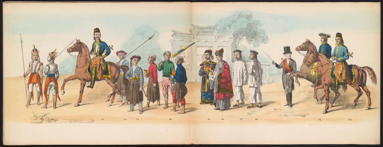 Masquerade of the Delft Students, 1857 (plate 8) Utkledd prosesjon holdt av medlemmene av Delft studentkorps den 5. mai 1857, som viser Garebeg-prosesjonen til sultanen av Djokjokarta og de mest karakteristiske typene fra Nederland. av Johan Hendrik Hoffmeister