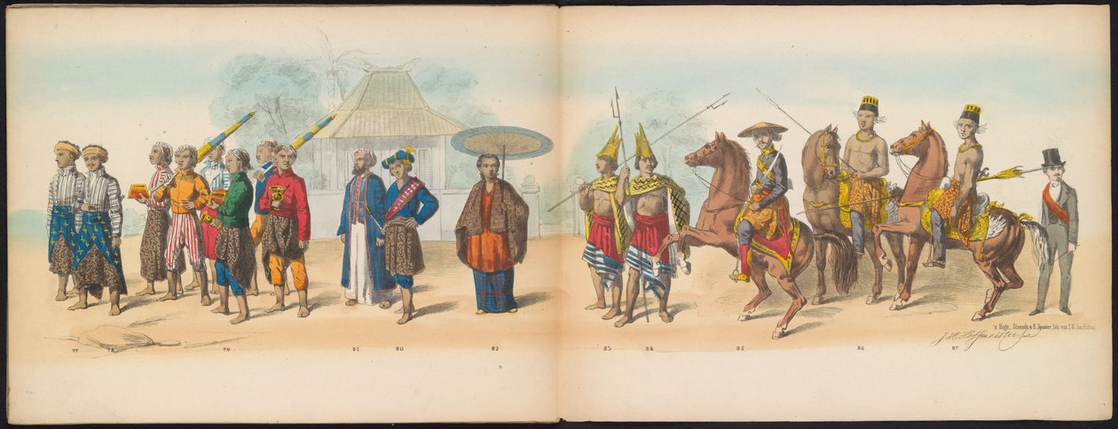 Masquerade of the Delft Students, 1857 (plate 9) Utkledd prosesjon holdt av medlemmene av Delft studentkorps den 5. mai 1857, som viser Garebeg-prosesjonen til sultanen av Djokjokarta og de mest karakteristiske typene fra Nederland. av Johan Hendrik Hoffmeister