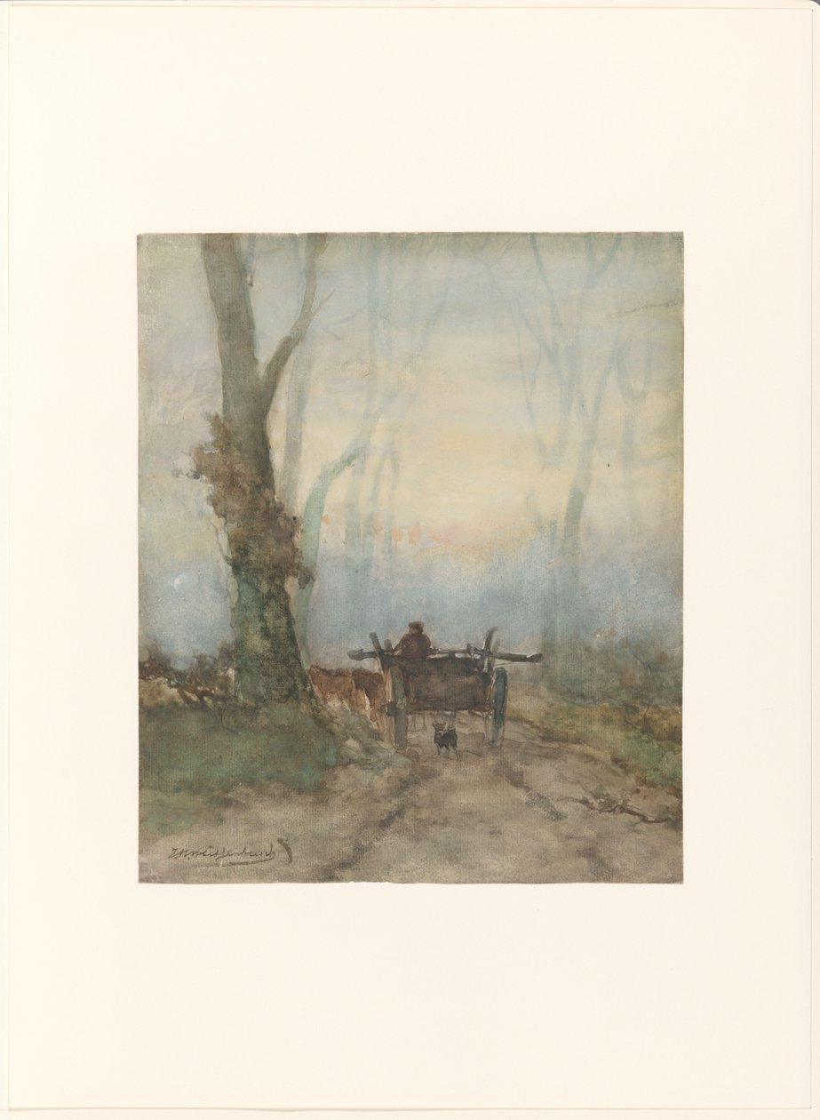 Bondevogn på skogsvei av Johan Hendrik Weissenbruch (signed by artist)