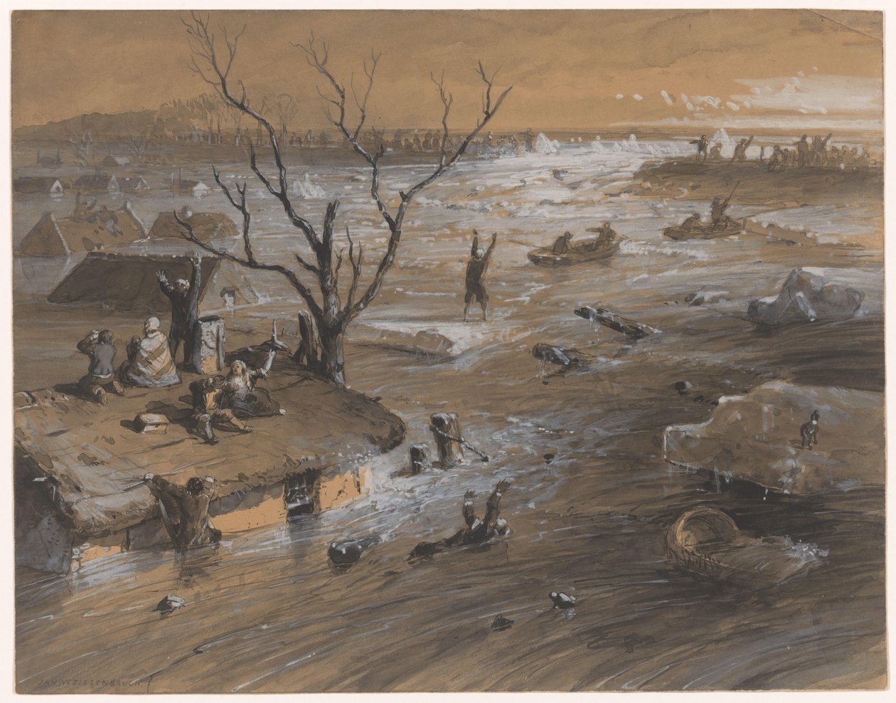 Dikebrudd i Brakel, 4. januar 1861 (tittel på objekt) av Johan Hendrik Weissenbruch (signed by artist)