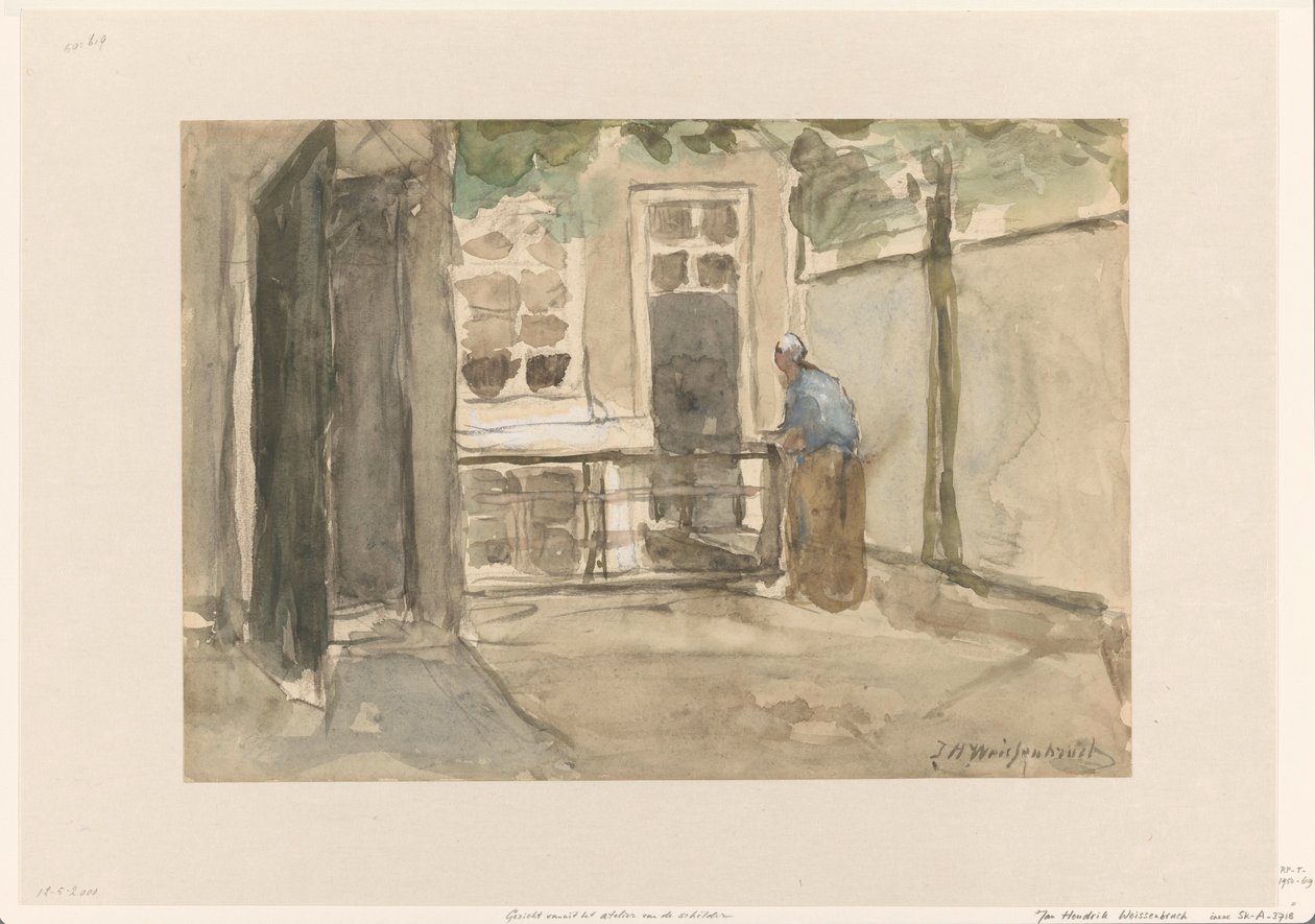 Utsikt over en gårdsplass fra kunstnerens atelier i Kazernestraat i Haag av Johan Hendrik Weissenbruch