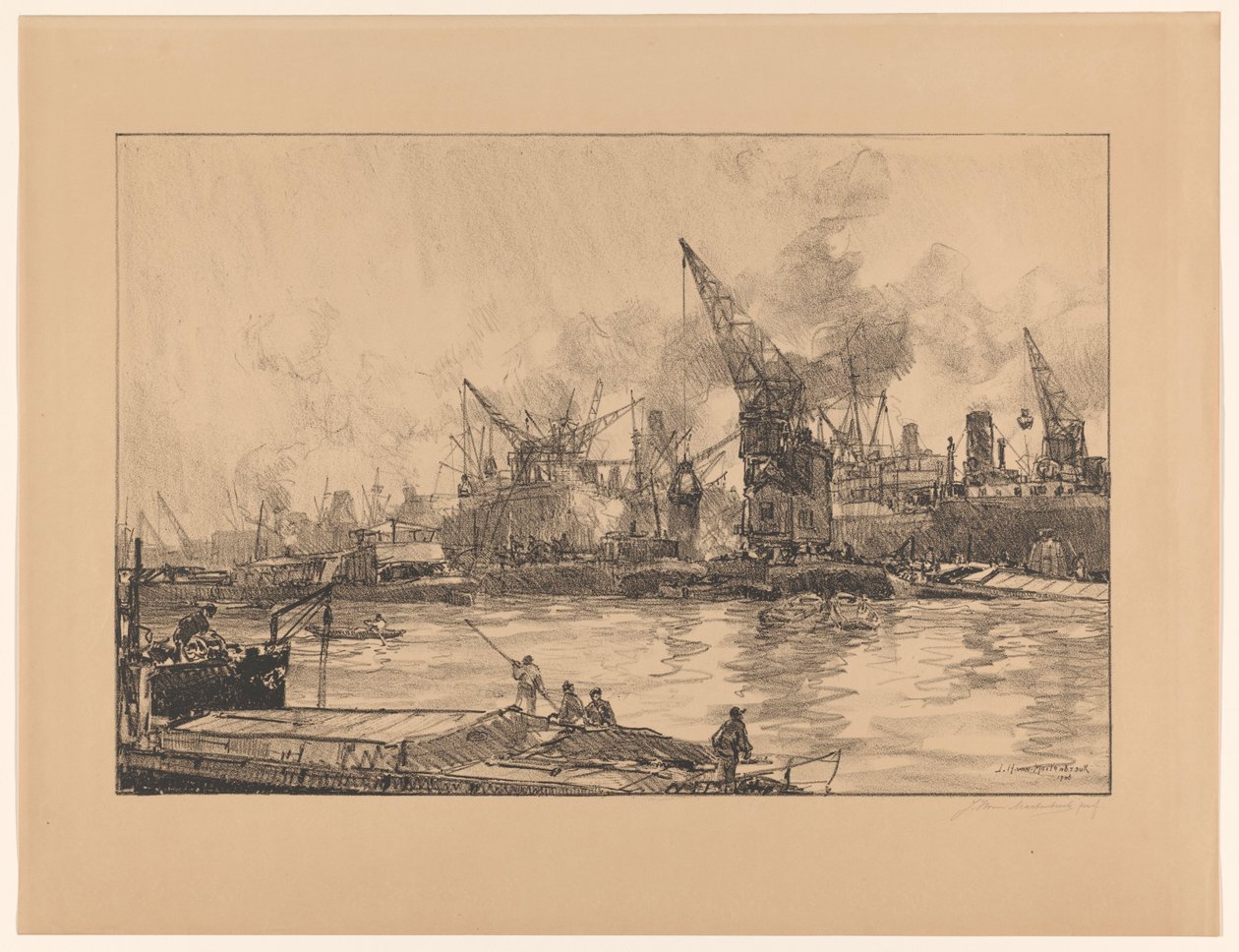 Utsikt over havnen i Rotterdam, med forskjellige kraner av Johan Hendrik van Mastenbroek (signed by artist)
