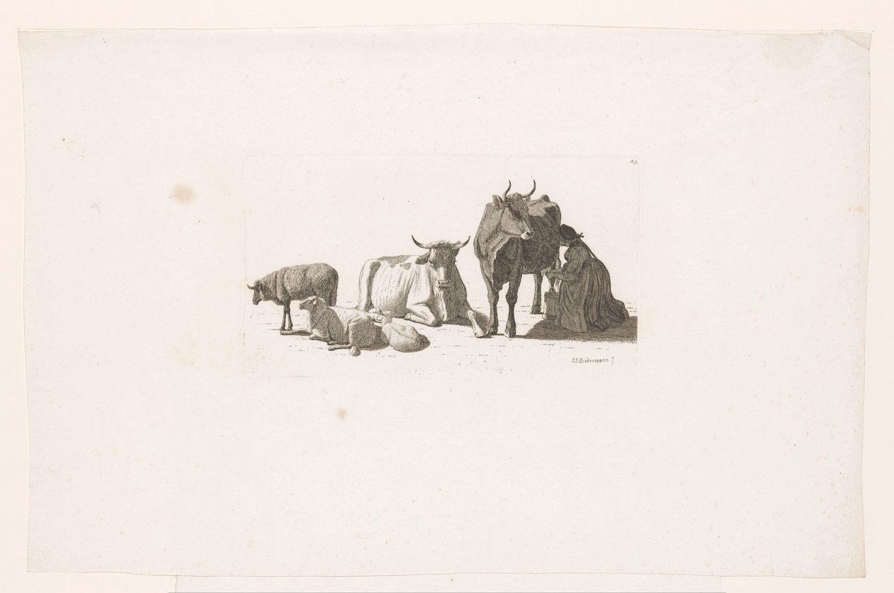 Kvinne som melker en ku, med storfe og sauer. av Johan Jakob Biedermann