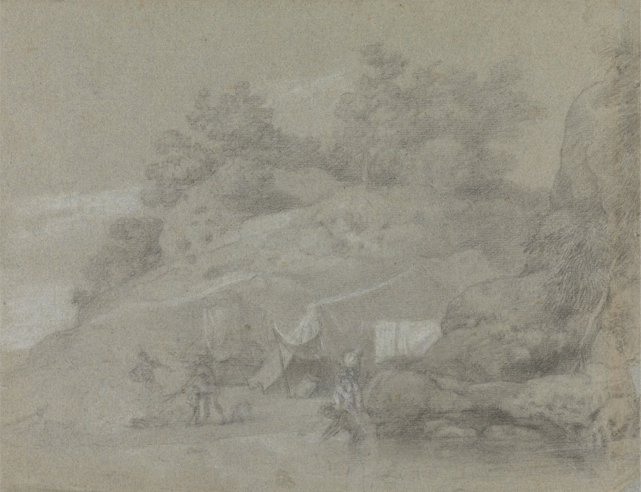 En elv ved en steinete bank med figurer, muligens i India av Johan Joseph Zoffany