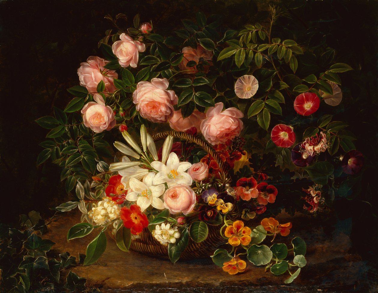 En kurv med roser, liljer og stemorsblomster av en rosebusk av Johan Laurents Jensen