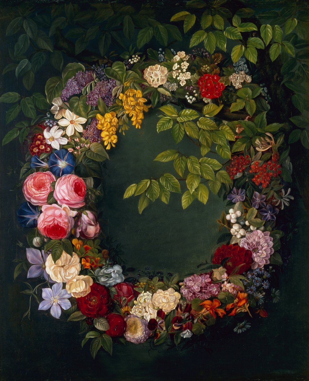 En krans av blomster (olje på lerret) av Johan Laurents Jensen