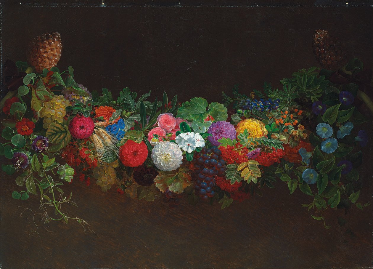 En storslått krans av frukt og blomster, 1840 av Johan Laurents Jensen