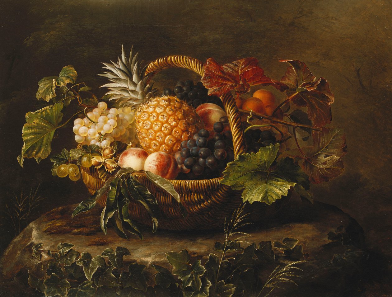 En ananas, druer, fersken og aprikoser i en kurv, av Johan Laurents Jensen