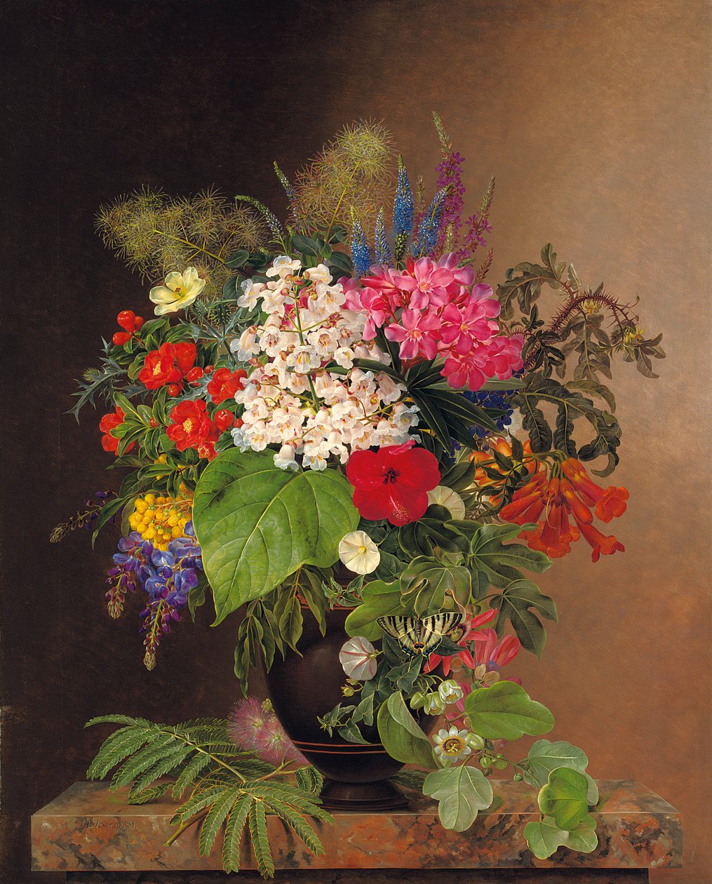 Convolvulus, lupiner, speedwell og fuschia i en vase, 1833 av Johan Laurents Jensen