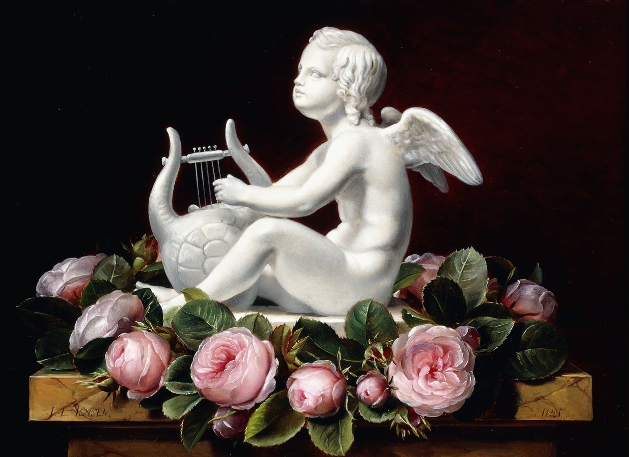 Garland of Pink Roses rundt Amor som spiller en lyre på en marmorhylle, 1841 av Johan Laurents Jensen