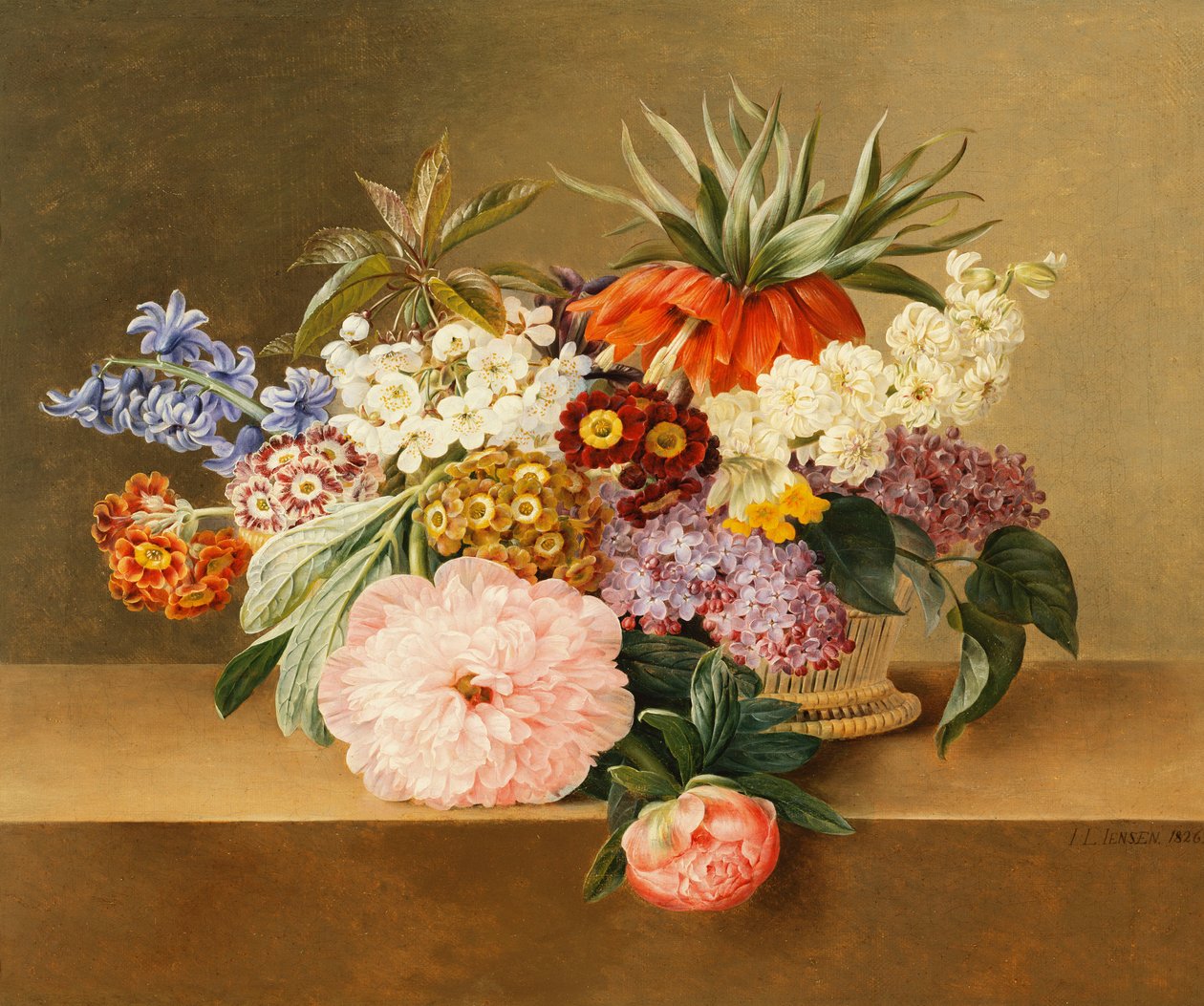 Iris, syrin, primulae, blomster og peoner i en kurv, av Johan Laurents Jensen