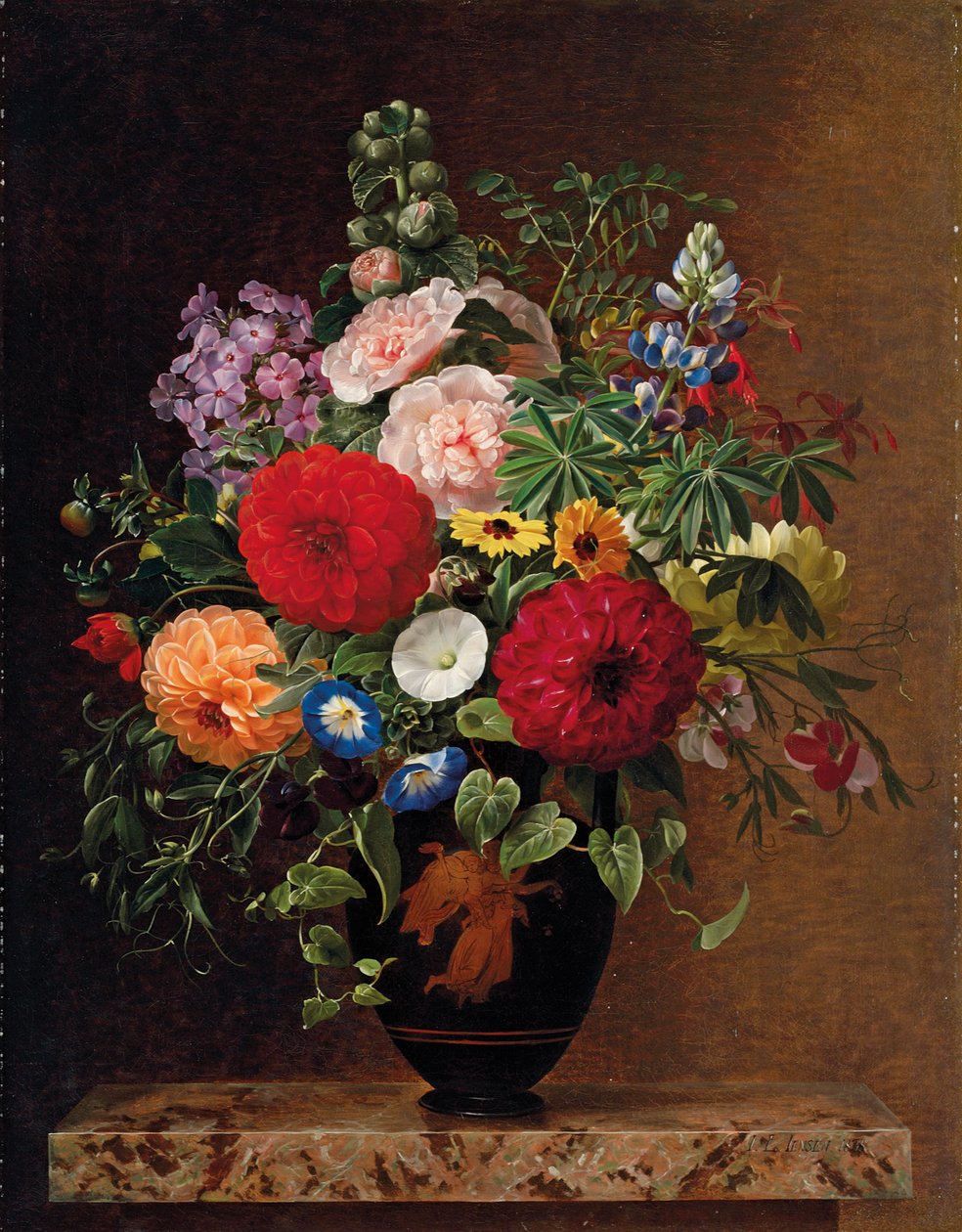 Syrin, epleblomst, kornblomster og søte Williams med en gryte med bratsj på en avsats, 1827 av Johan Laurents Jensen