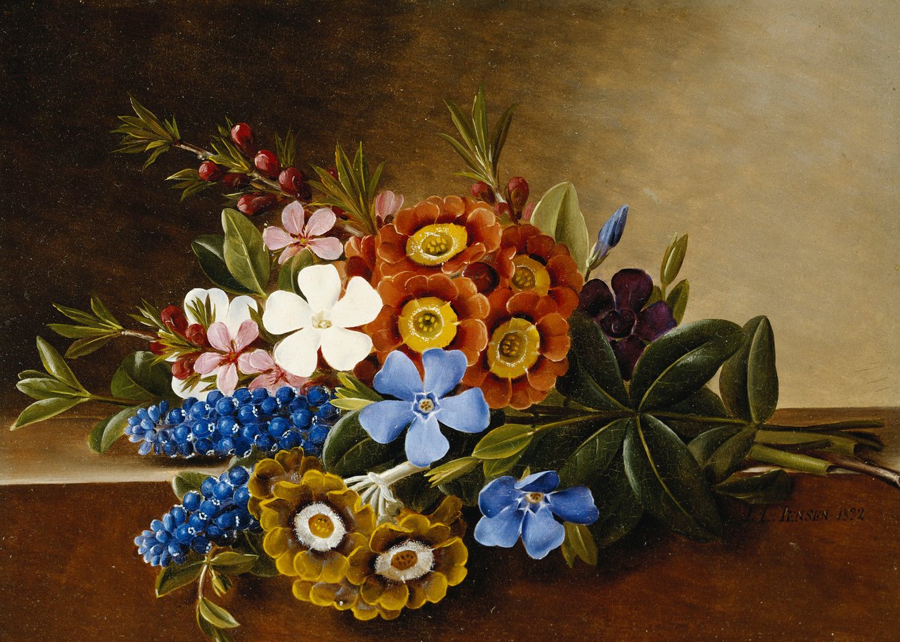 Periwinkle, Auricula og Grape Hyacinths on a Marble Ledge, 1882 av Johan Laurents Jensen