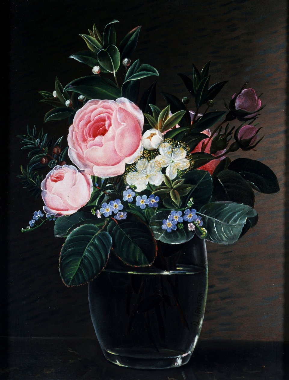 Roser og forglemmegei i en glassvase. Maleri av Johan Laurentz Jensen (1800-1856). Privat samling. av Johan Laurents Jensen
